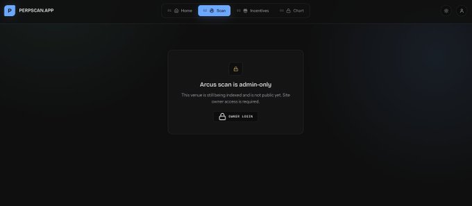A dark-themed web interface for PERPSCAN.APP displaying a message that 'Arcus scan is admin-only' and requires an admin login.