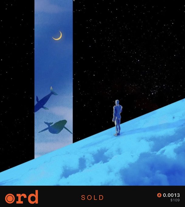 A digital art piece showing a figure looking at a moonlit ocean with whales and a shark, labeled 'ord SOLD 0.0013 $109'.