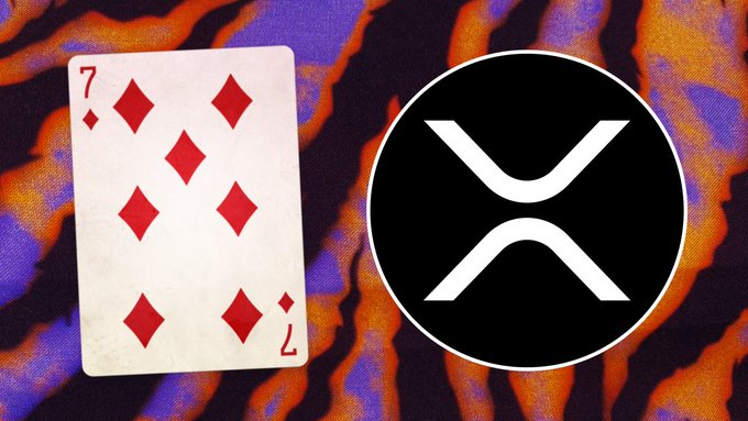 A graphic showing the 7 of Diamonds playing card on the left and the XRP (Ripple) cryptocurrency logo on the right, set against a wavy, psychedelic orange and purple background.