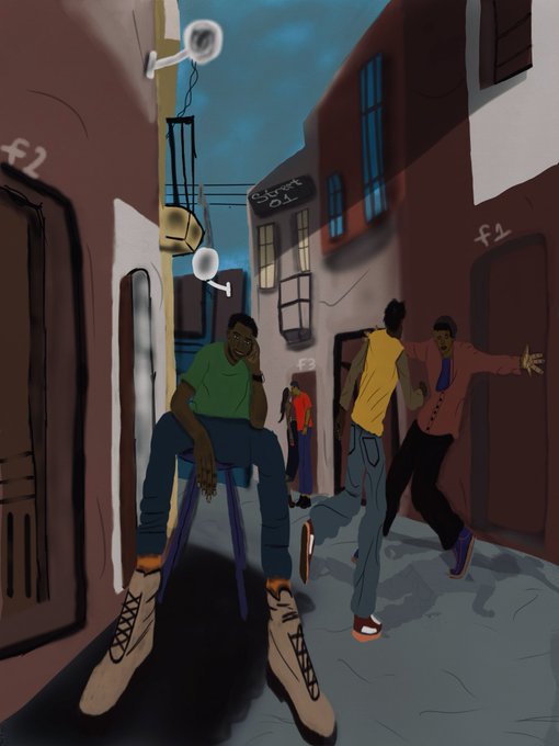 A stylized digital illustration of a nighttime urban street scene with several figures, including one person sitting on a stool and others walking/running, with buildings and windows in the background.