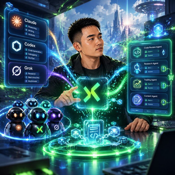 A futuristic AI-themed illustration features a young man interacting with holographic interfaces displaying Claude (Reasoning, Writing, Analysis), Codex (Code Generation, Debugging, DevOps), and Grok (Research, Real-time Info, Multimodal) alongside AI agents like Code Review, Research, Trading, and Content Agents, with small robot figures below.