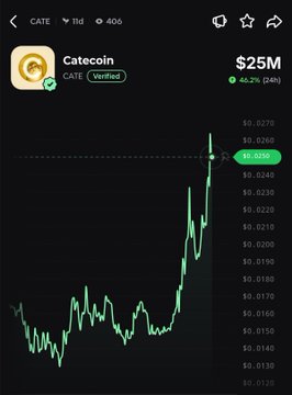 A cryptocurrency chart showing Catecoin ($CATE) with a market cap of $25M and a 24-hour gain of 46.2%, displaying a sharp upward price spike that visually confirms the token's strong rally described in the post.