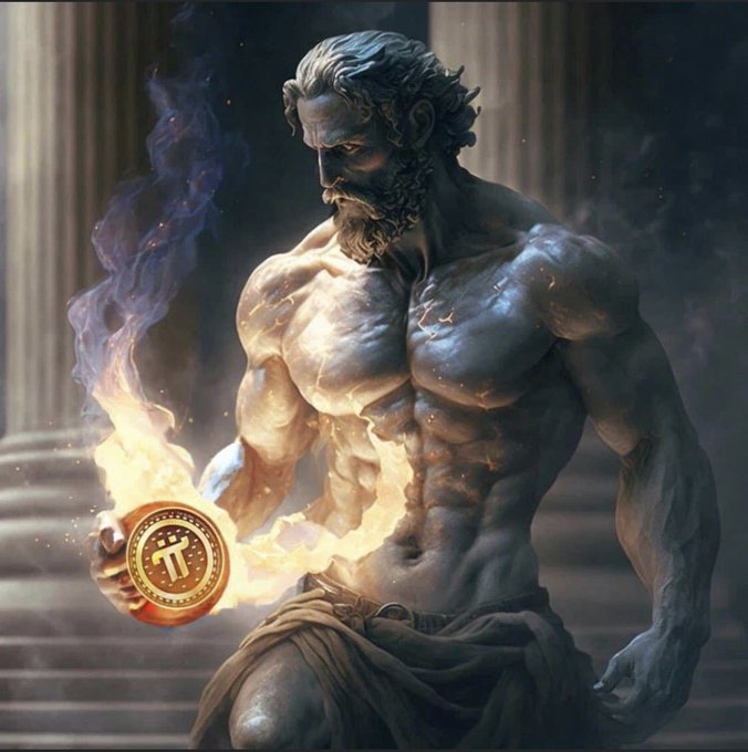 A muscular, marble-like Greek god figure holds a glowing golden coin marked with the "π" (Pi) symbol amidst flames, visually representing Pi Network as a powerful, mythological force in the crypto space. The ethereal setting with classical pillars reinforces the brand's grandeur and divine status.
