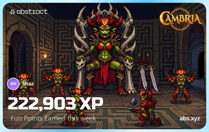 The image features a poster of a video game scene with a group of people, including a large green dragon sitting atop a throne. The poster also includes text that reads "@AbstractChain XP Update check your account! @playcambria Dungeons & @onchainheroes Making me dollar Bills yall and Fun points updating this week so many X'S seen watch out for jackpot patch incoming!".