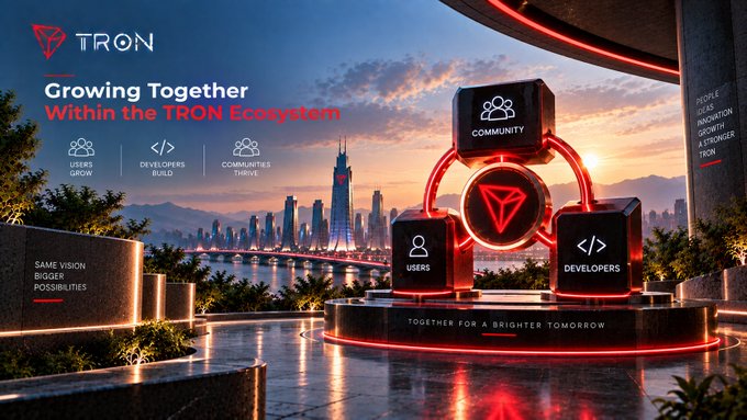 A promotional TRON graphic with the tagline "Growing Together Within the TRON Ecosystem" featuring cube icons labeled COMMUNITY, USERS, and DEVELOPERS around the TRON logo, with a city skyline in the background.