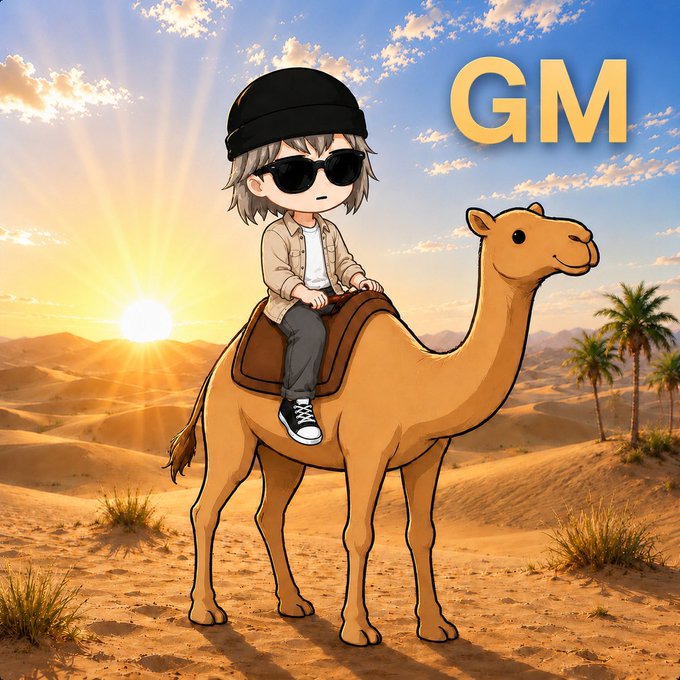 An anime-style chibi character wearing a black beanie and sunglasses rides a camel through a desert landscape, with 'GM' written in yellow in the sky.