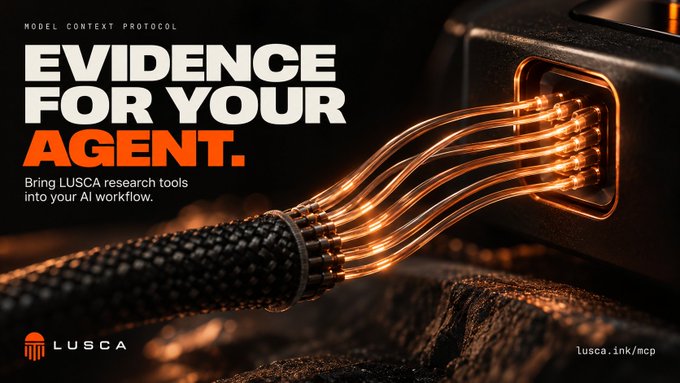 A promotional graphic featuring glowing orange fiber optic cables plugged into a port, with text reading "MODEL CONTEXT PROTOCOL - EVIDENCE FOR YOUR AGENT - Bring LUSCA research tools into your AI workflow" and the Lusca logo."