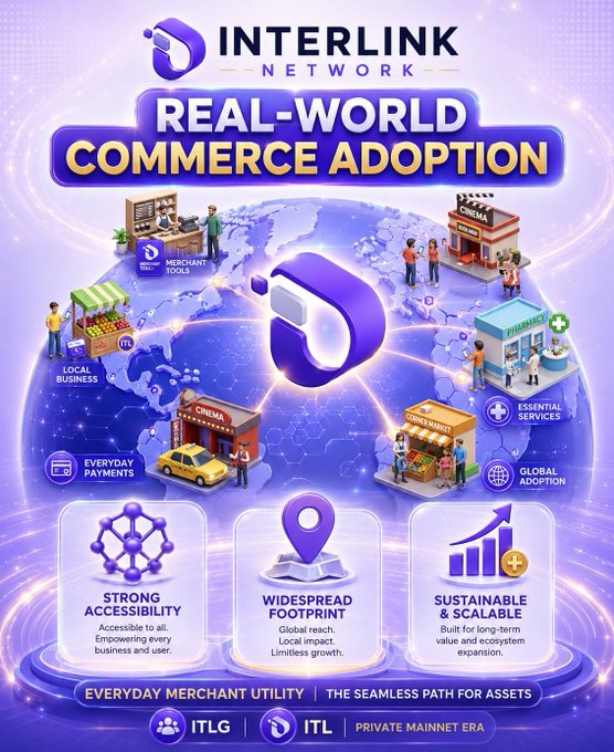 An Interlink Network promotional graphic highlighting 'Real-World Commerce Adoption' with illustrations of local businesses, pharmacies, and cinemas.
