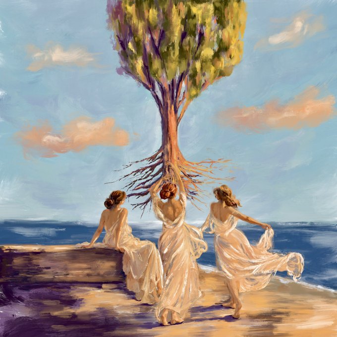 A painterly artwork depicting three women in flowing white dresses sitting on a beach, gazing at a tree with visible roots extending downward into the sky.