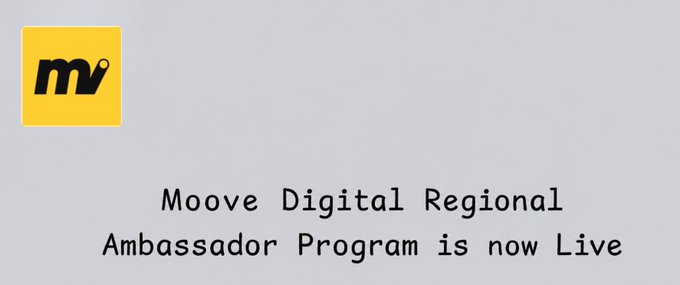 The image features a banner with the text "Moove Digital Regional Ambassador Program is now live" written in black letters against a white background. This message encourages people to join the program, which aims to make crypto payments simpler and more accessible for everyday users. The main focus of the image is on the text and its relevance to the content displayed.