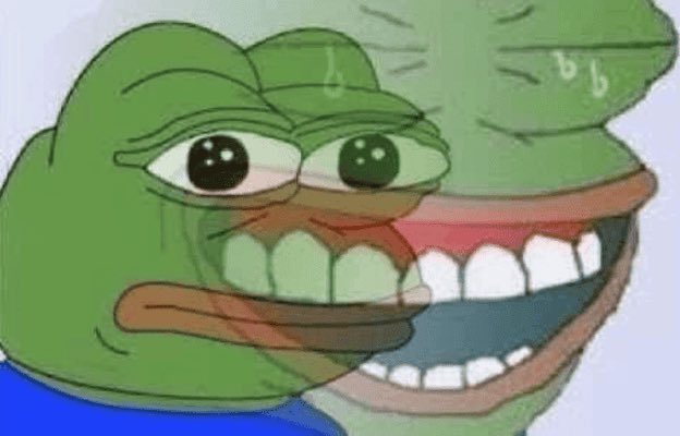 Two green Pepe the Frog faces show forced smiles with nervous sweat drops, illustrating the meme of putting on a brave front while anxious inside. The caption reflects this anxious optimism about $AI, where the poster is publicly bullish but privately bracing for a steep price drop ahead of the Hyperliquid listing.