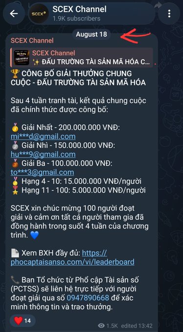 A Telegram post from SCEX Channel dated August 18 announcing winners of a 4-week competition with prizes in VND, including 1st place (200,000,000 VND), 2nd place (150,000,000 VND), and 3rd place (100,000,000 VND).