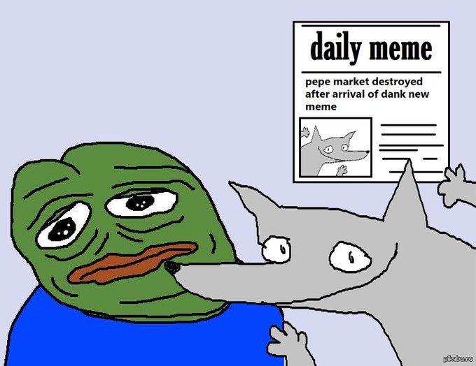Pepe the Frog meme showing Pepe looking sad while holding a newspaper titled 'daily meme' with the headline 'pepe market destroyed after arrival of dank new meme'.