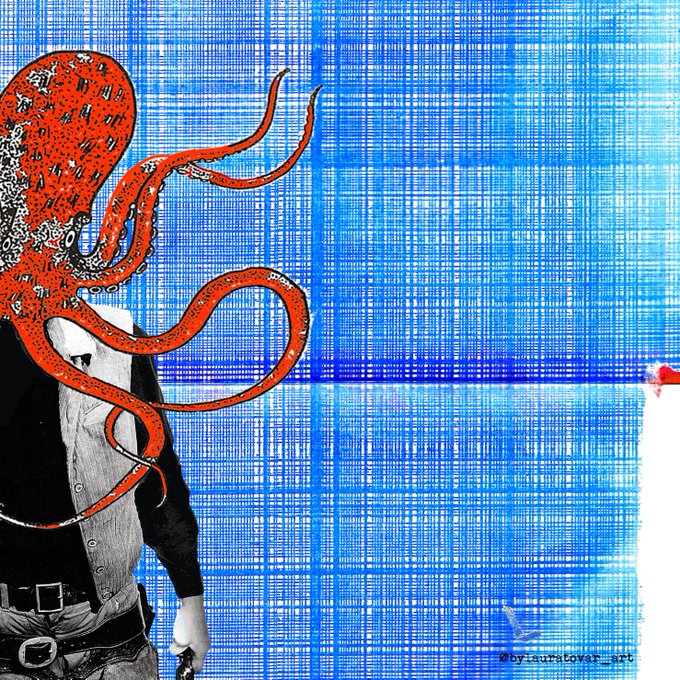 A surreal mixed-media artwork showing a person in a vest from the waist down, with a red, patterned octopus replacing their head, set against a textured blue plaid background.