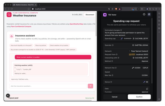 A screenshot of a Flare Confidential Compute demo showing a 'Weather Insurance' insurance assistant chat interface on the left and a TEE Tester spending cap request panel on the right.