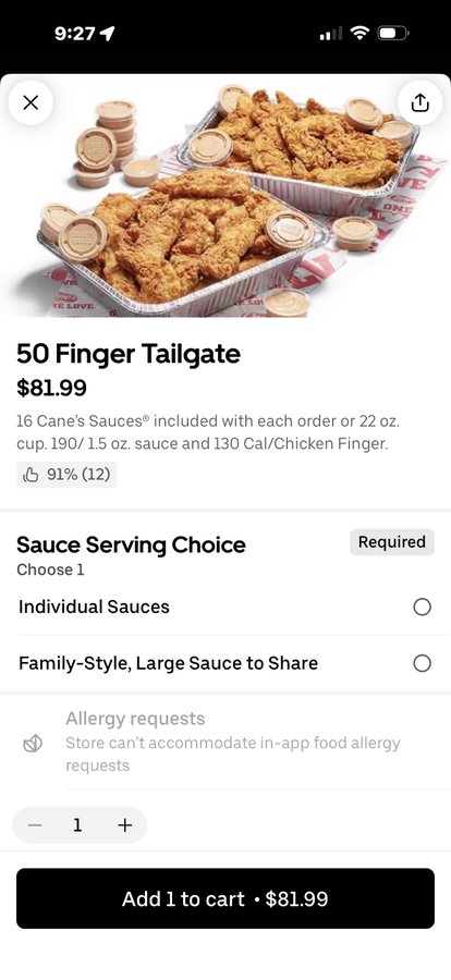 A Raising Cane's app screen displays a "50 Finger Tailgate" deal for $81.99, featuring two large trays of chicken fingers with dipping sauce cups. The post's offer of "$10 worth of $tendies" plays on the "tender" double meaning, connecting the trading slang to the massive chicken finger order.