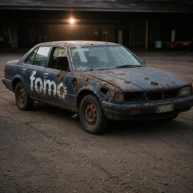 An AI-generated image of a rusted, abandoned blue sedan with 'fomo' painted on its side, parked in a dimly lit garage or warehouse with a single overhead light.