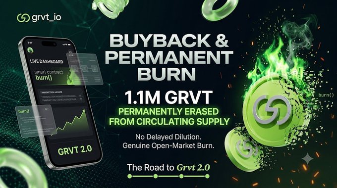 A GRVT promotional graphic announces “BUYBACK & PERMANENT BURN,” “1.1M GRVT,” and “GRVT 2.0,” alongside a phone mockup and burning green token imagery.