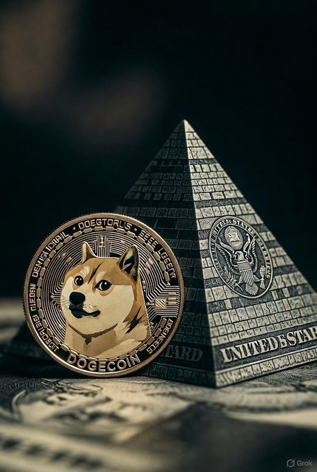 The image features a golden coin with a dog face on one side, which is a form of digital currency called Dogecoin. It is placed next to an Egyptian pyramid, suggesting that the coin has some connection to ancient Egypt or a historical theme. The caption "Dogecoin is money $DOGE" implies that the coin holds value and can be used as currency in the same way traditional coins do.

The image also includes text elements such as "United States of America", which could indicate the location where the pyramid was built, or it might be a reference to the country's history or culture. The combination of these elements creates an interesting juxtaposition between ancient Egypt and modern digital currency.
