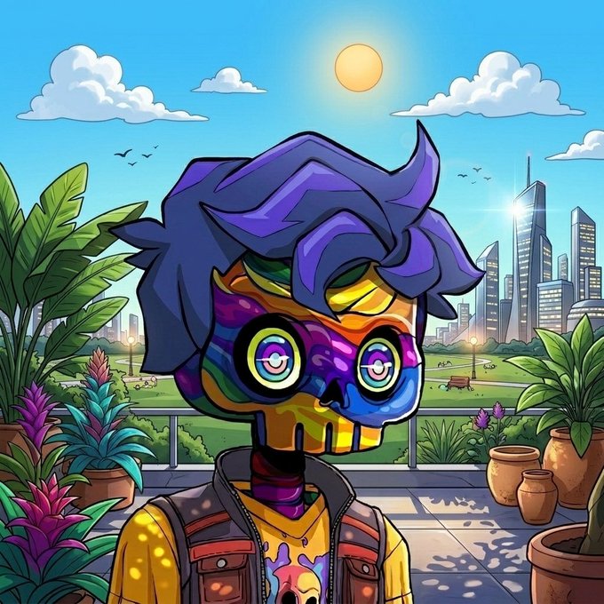A vibrant digital illustration of a colorful skull-like character with purple hair, set against a sunny city skyline and potted plants.