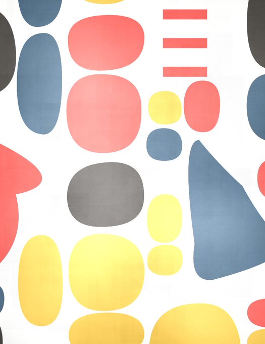 A colorful abstract pattern features various organic shapes and ovals in pink, yellow, blue, gray, and red on a white background.