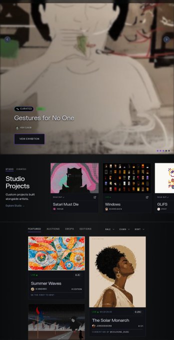 A screenshot of a digital art platform shows a featured project titled 'Gestures for No One' by CURATED, along with other sections like 'Studio Projects' displaying works such as 'Satur Must Die', 'Windows', 'GLIFS', 'Summer Waves', and 'The Solar Monarch'.