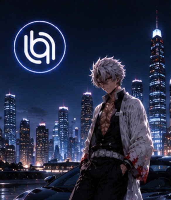 An anime character with spiky white hair stands confidently against a backdrop of a futuristic city skyline at night, with the neon "ba" logo for the Base network glowing in the upper left corner.