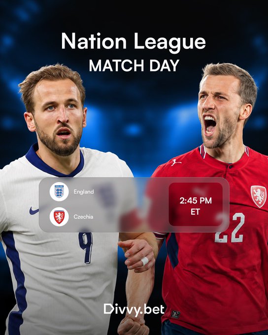 A promotional graphic for a Nation League match day featuring England vs. Czechia at 2:45 PM ET, with images of Harry Kane and another player, branded by Divvy.bet.