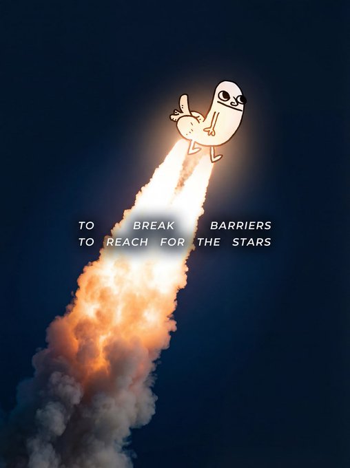 An illustration of a white cartoon character with a small bird flying through the sky on a rocket trail of fire, with the text 'TO BREAK BARRIERS TO REACH FOR THE STARS'.