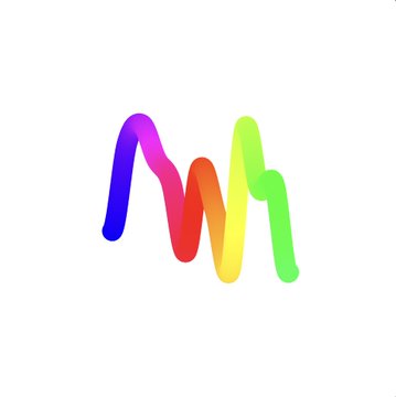 A colorful gradient logo with wavy lines transitioning through purple, pink, orange, yellow, and green hues, resembling a stylized letter "M".