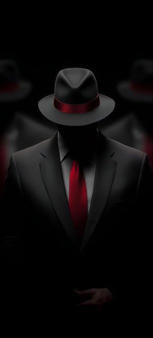 A dark, faceless figure in a black suit with a red tie and a black fedora featuring a red band stands against a black background, with ghostly duplicates visible behind him.