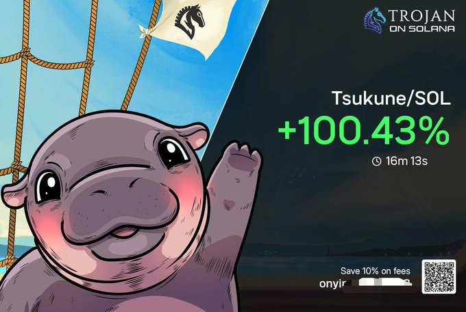 A cartoon hippo mascot waves cheerfully beside a "Trojan on Solana" promotion highlighting Tsukune/SOL's +100.43% gain from 16m 13s ago, visually celebrating the memecoin rally the post references.