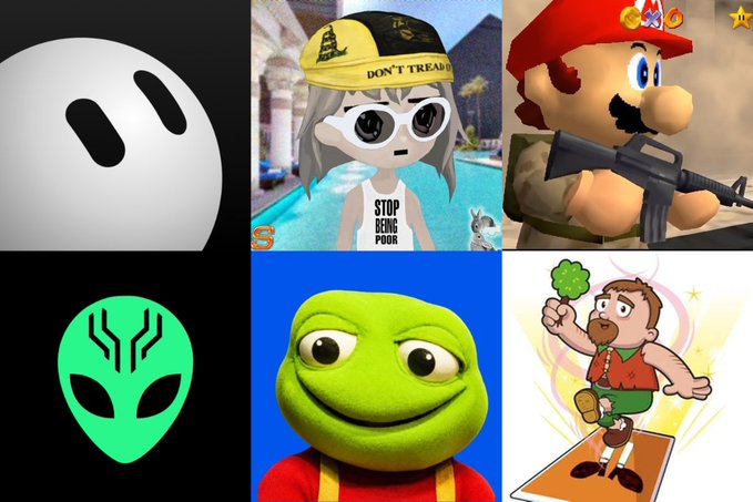 A collage of six meme characters and icons—including a Bomb Pepe avatar, an alien wearing a "DON'T TREAD ON ME" cap with a "STOP BEING POOR" shirt, Mario holding an M16, a green alien logo, Kermit, and a dancing figure holding a clover—representing the top trending meme tokens ($BOT, $ALON, $MARIO64, $BLEP, $TOAD, $GENTLE) on FOMO.