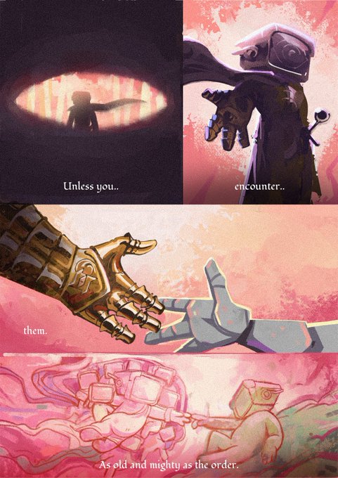 Comic-style illustration with panels containing the text 'Unless you...', 'encounter...', 'them.', and 'As old and mighty as the order.'