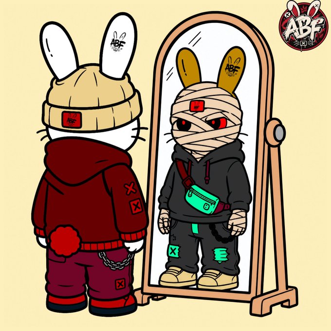 A cartoon illustration of an ABF-branded rabbit character with bunny ears looking into a mirror, revealing a rebellious reflection wearing bandages, a hoodie, and a crossbody bag.