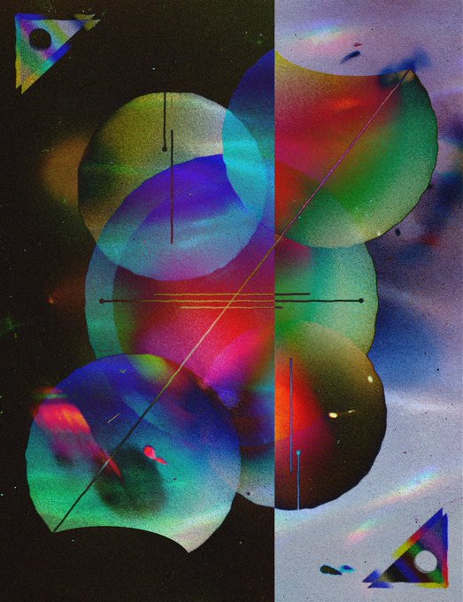 An abstract digital artwork featuring overlapping translucent circles in vibrant colors of green, pink, blue, and red, with intersecting lines and geometric triangle accents on a dark background.