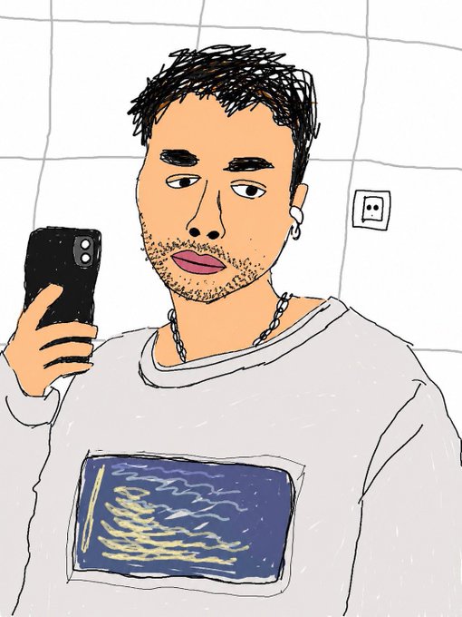 A hand-drawn digital sketch of a young man taking a selfie with his phone, wearing a sweater with a small graphic, a chain necklace, and an earring, with tiled walls and an electrical outlet visible in the background.