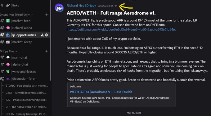 A Discord interface showing a post by Richard Hsu | Drippy titled 'AERO/WETH - Full range Aerodrome v1.' discussing the APR for the AERO/WETH pool on Aerodrome and DeFiLlama.
