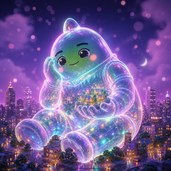 A digital illustration of a translucent, glowing astronaut-like figure holding a miniature glowing city, set against a purple night sky over a cityscape.