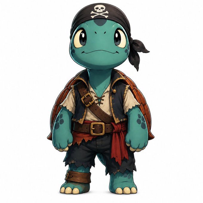 A cute, cartoon-style turtle character dressed as a pirate with a black skull-and-crossbones bandana, vest, tattered shorts, and a red sash stands ready for adventure.

The image appears to relate to the giveaway post by providing a charming mascot image that complements the pirate-themed Archelon NFT project, likely used to attract engagement for the contest.