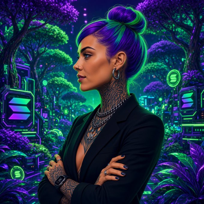A stylized digital portrait of a woman with vibrant purple and green hair, neck and arm tattoos, and a black blazer, set against a glowing neon green and purple futuristic forest backdrop.