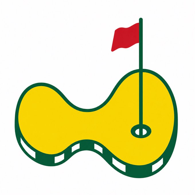 A logo of a yellow and green golf course with a red flag on the pin and a putting hole.