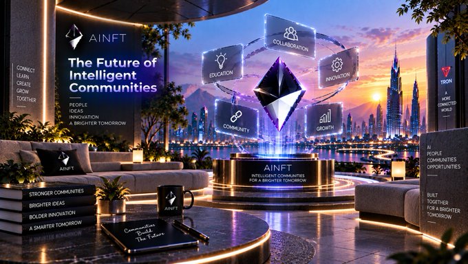 A futuristic promotional graphic for 'AINFT' advertises 'The Future of Intelligent Communities' with text including 'People, Ideas, Innovation, A Brighter Tomorrow' and floating labels like 'Education,' 'Collaboration,' 'Innovation,' 'Community,' and 'Growth.'