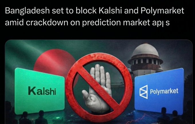 The image shows three different signs, each representing a different country - Bangladesh, India, and Pakistan. These signs are set against a dark background with the text "BANGLADESH SET TO BLOCK KALSHI AND POLYMARKET AMID CRACKDOWN ON Prediction Market APIs". The signs display various symbols related to the countries they represent, such as a red circle for Bangladesh, an Indian flag, and a Pakistan flag. This image is likely used in a post discussing the impact of prediction markets on the financial industry or the crypto world.