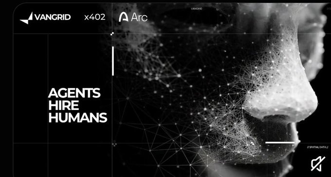 A promotional graphic for VANGRID and Arc with the text 'AGENTS HIRE HUMANS' alongside a digital face visualization.