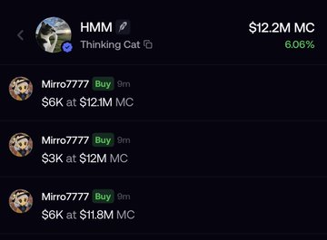 Screenshot of three large buy orders for the HMM (Thinking Cat) token by the wallet "Mirro7777," totaling $12K purchased at market caps of $12.1M–$12.3M, aligning with the post about Chinese whales accumulating $HMM.