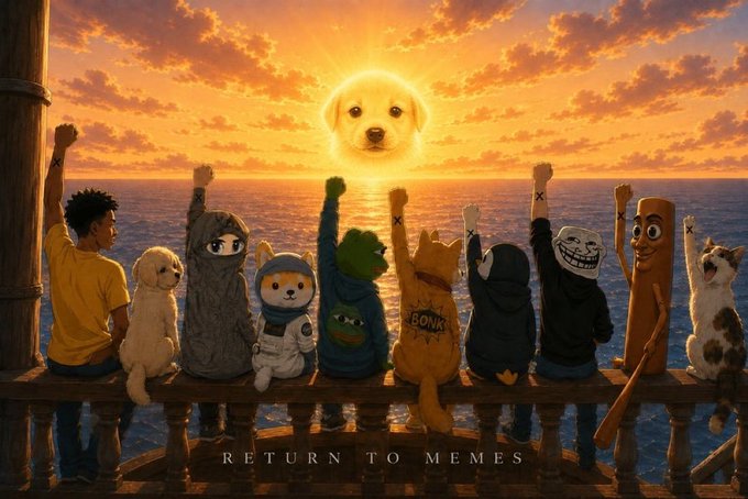 A meme-style digital artwork titled 'Return to Memes' showing various internet meme characters (including Doge, Pepe, Trollface, Shiba Inu, and others) sitting on a ship's deck raising their fists toward a sunset, with a glowing dog face in the sun.
