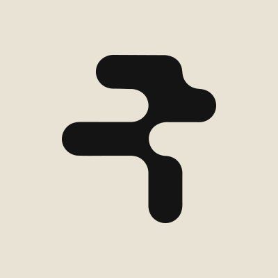 A minimalist logo featuring a bold, abstract black symbol resembling interconnected rounded shapes on a cream background.