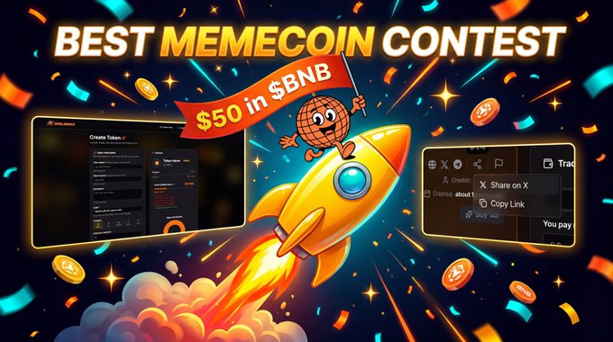 A promotional graphic for a 'BEST MEMECOIN CONTEST' offering '$50 in $BNB', featuring a cartoon coin riding a rocket alongside screenshots of a token creation interface.