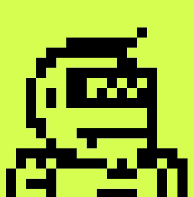 A pixelated black-and-yellow digital graphic that forms an abstract blocky figure or face.